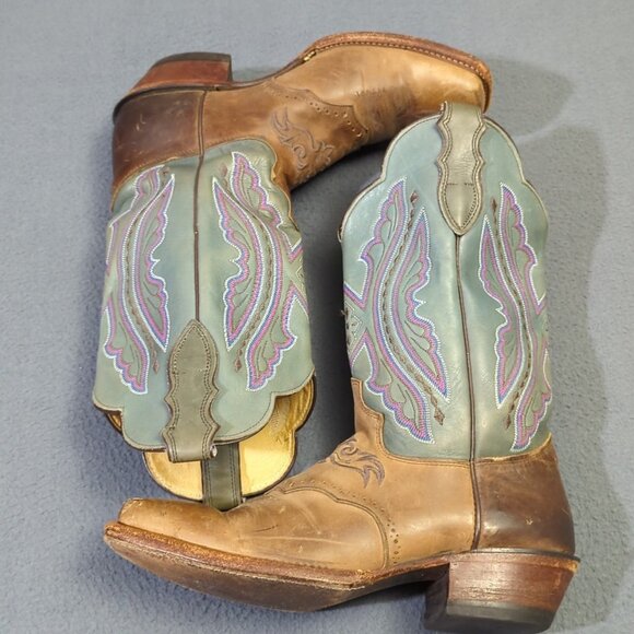 Justin Boots Women's 10B Brown With Green/Pink Uppers Western Heeled L2675 - Picture 2 of 12